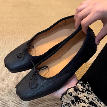 2025 Cowhide version~ Leather ballet shoes for women to wear bows, temperament, shallow mouth flat sole shoes, retro grandma shoes