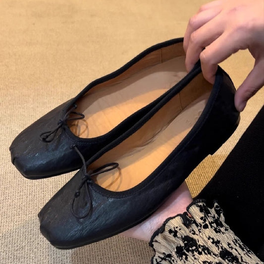2025 Cowhide version~ Leather ballet shoes for women to wear bows, temperament, shallow mouth flat sole shoes, retro grandma shoes