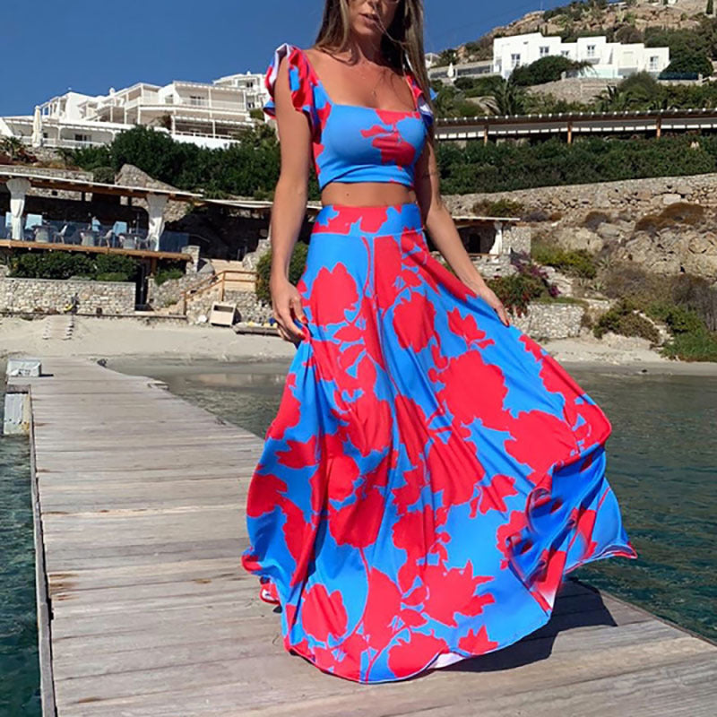 2025 Cross-border Summer New Popular and 2025 New Women's Clothing Bohemian Sexy Printed Sleeveless Dress Two-piece Set