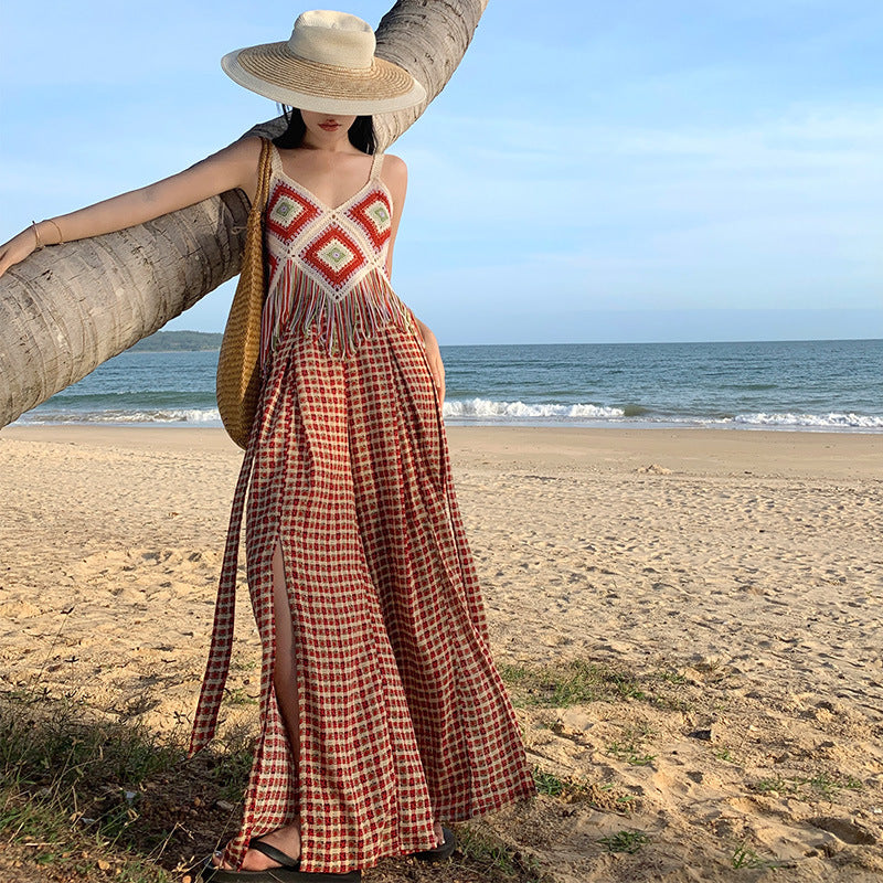 2025 Loose wide-leg pants women's summer Thailand vacation trousers high waist lazy drop pants plaid split drape floor pants