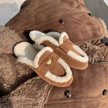 2025  Baotou half slippers, one pedal, gold coins to keep warm, plush slippers, women wear muller shoes