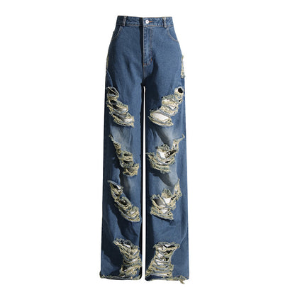 2025 Personalized fashion jeans  spring new versatile ripped design sense worn straight long wide-leg pants women