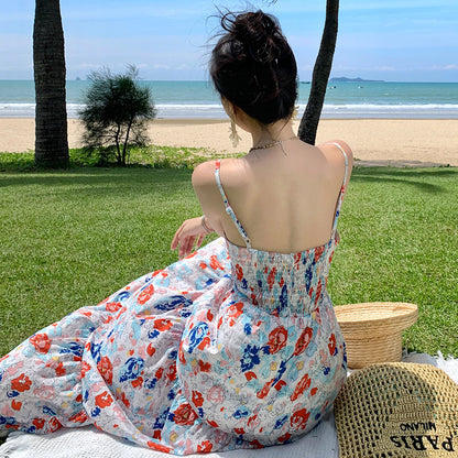 2025 travel wear beautiful floral suspender skirt Sanya vacation skirt to ankle beach dress long dress elegant