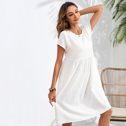 Cross-Border Foreign Trade   European and American Fashion Summer Ol Temperament Cotton Linen round-Neck A- line Skirt Pocket Dress
