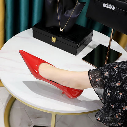 LOVECCR 2025 237  style fashion simple versatile women's shoes thin heel middle heel shallow mouth pointed head glossy patent leather spring single shoes women