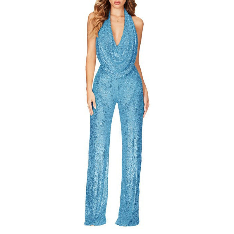 Spot 2025 new  2025 summer New jumpsuit women's sleeveless neck sequined jumpsuit women