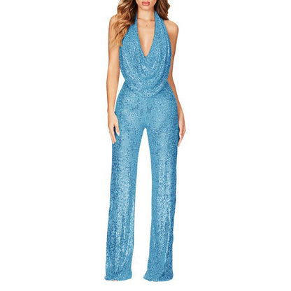 Spot 2025 new  2025 summer New jumpsuit women's sleeveless neck sequined jumpsuit women