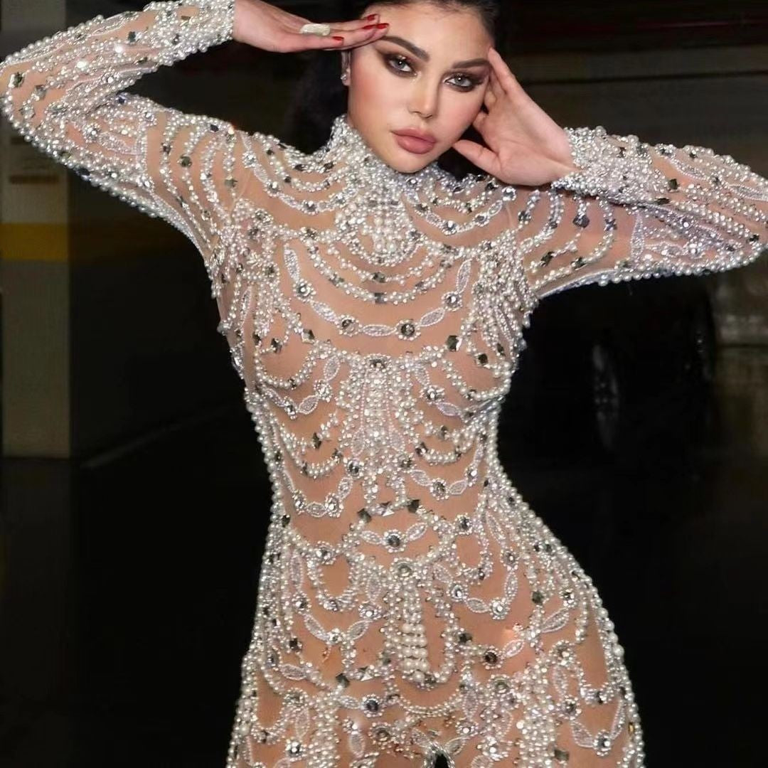 New new  women's clothing  dress slim and thin perspective sequins sexy jumpsuit trousers