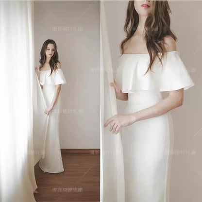 LOVECCR  Simple White off-Shoulder Wedding Dress Toast Floor Banquet Birthday Lawn Wedding Trip Shoot Fairy