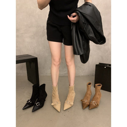 2025  kitten heel pointed thin short boots women's shoes popular new retro temperament high heel spring and autumn single boots