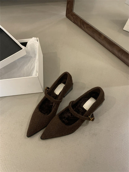 2025  Evening breeze gentle material shallow mouth single shoes velvet one-word buckle Mary Jane shoes pointed thick heel cotton ladyshoes women