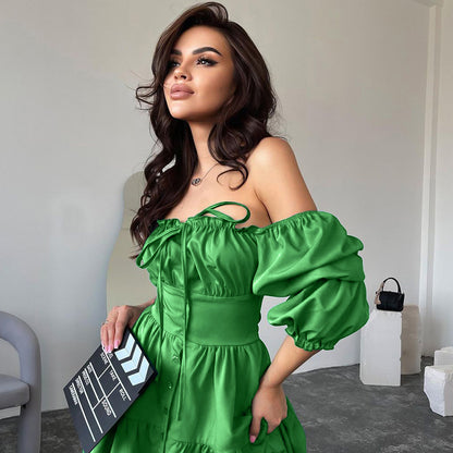 2025   new solid color neck square neck bubble sleeve sexy dress summer Popular trade women's dress short dress