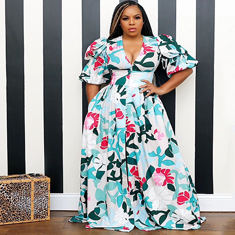 2025 spring New new 2025  women's beach dress slim-fitting pendulum four-sided elastic printing dress