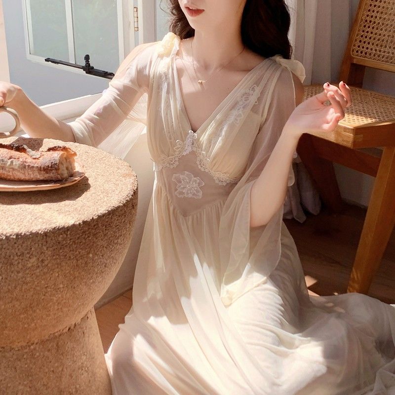 2025 Pure desire wind nightdress women's summer new short-sleeved skirt fairies can wear sexy high-end morning robe mesh court style
