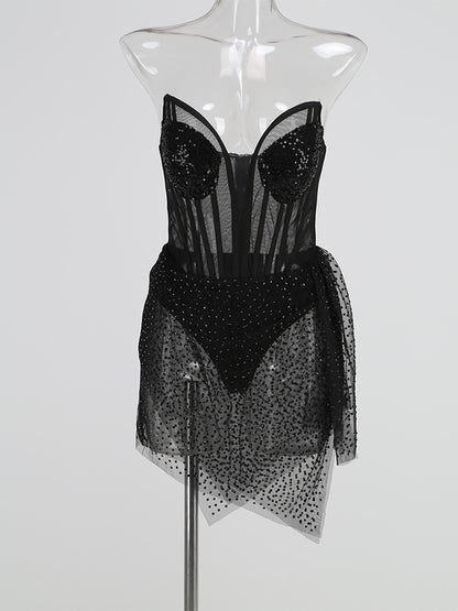 LOVERCCR  Cross-Border Women's Clothing New High-End Rhinestone Sexy Mesh See-through Irregular Dress Slim Fit Tube Top Dress Skirt
