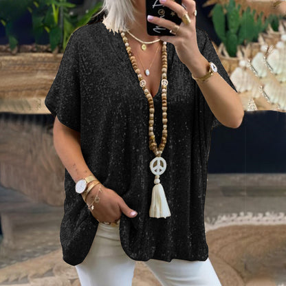 2025 new 2025  short-sleeved urban casual color loose pullover sequined V-neck T-shirt top women's clothing