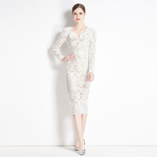 Spring and Autumn Premium Beige Heavy Industry Lace Long Sleeve V-Neck Dress High Waist Slim Fit Paper Man Pencil Long Dress