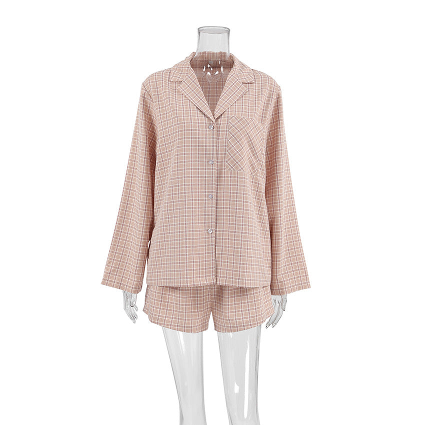 LOVECCR 2025 summer new plaid simple pajamas can be worn outside long-sleeved cardigan shorts two-piece loungewear women