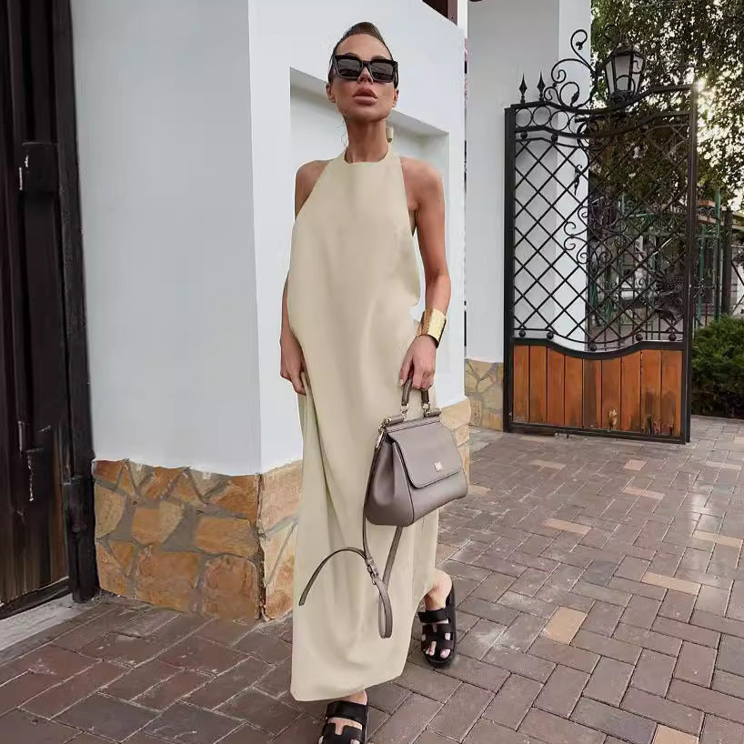 2025 Casual sexy summer lace-up halter fashion dress long dress Russian cotton and linen breathable khaki long dress women's clothing