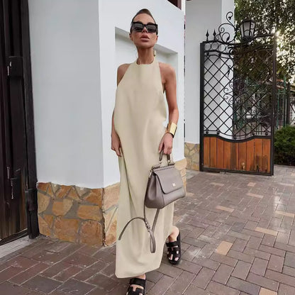 2025 Casual sexy summer lace-up halter fashion dress long dress Russian cotton and linen breathable khaki long dress women's clothing