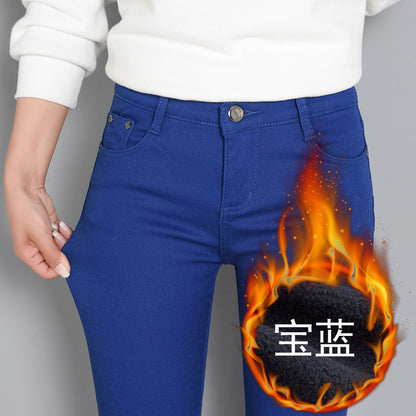 Plus Size Fleece-lined Thick Color Pants Korean Style Winter Skinny Jeans Women's Candy Color Warm Pencil Pants Women's Pants