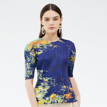 Casual style summer new niche starry sky printed top crew neck versatile t-shirt women's summer pleated bottoming shirt