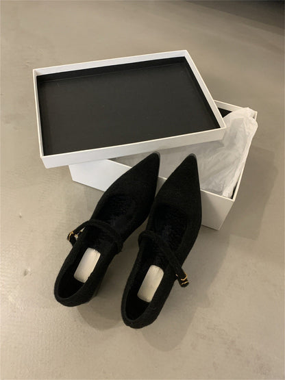 2025  Evening breeze gentle material shallow mouth single shoes velvet one-word buckle Mary Jane shoes pointed thick heel cotton ladyshoes women