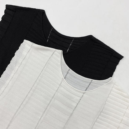 Miyake summer breathable solid color knitted sweater fashionable sleeveless T-shirt loose waist striped thin casual top women's summer