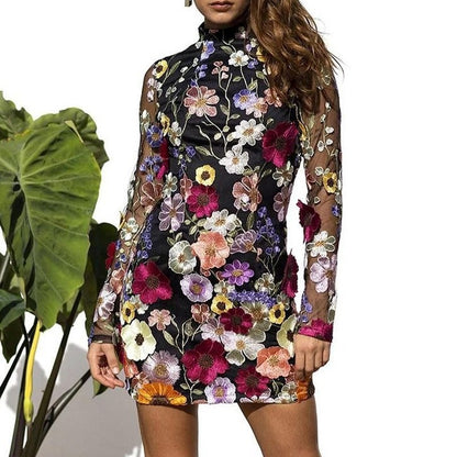 2025 direct sales New 2025 three-dimensional flower mesh lace embroidery hip wrap slim and thin sexy dress
