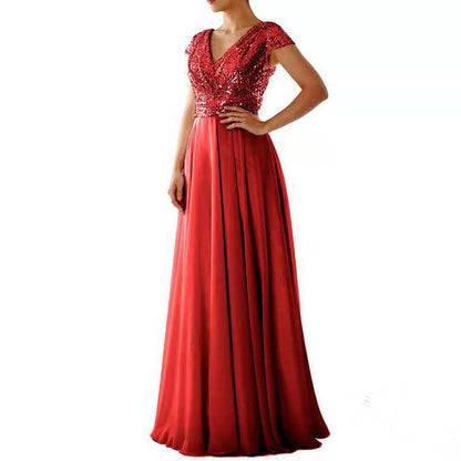New new spring and summer  women's sleeveless dress V-neck sequined temperament chiffon splicing evening dress