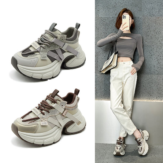 2025 new spring and summer popular small man height increase casual sports shoes rhinestone platform leather dad shoes women