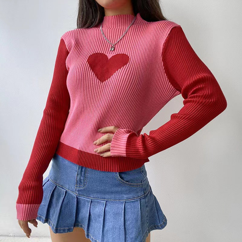 New fashion women's clothing autumn and winter contrasting colors versatile slim-fitting sweater top women's crew neck long-sleeved inner knitted sweater