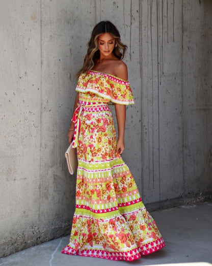 2025 Popular trade spring and summer  independent station wish new one-word shoulder printing long pendulum dress