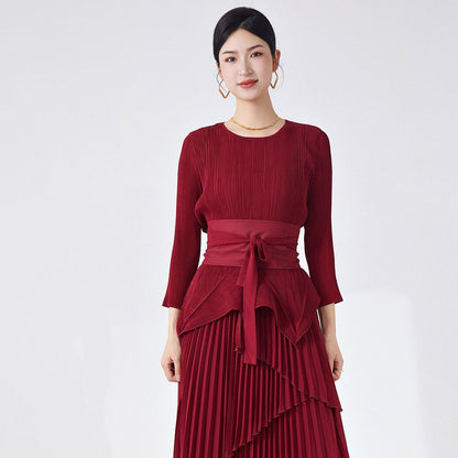 2025 Spring and summer new women's clothing long-sleeved T-shirt women's high-end pleated texture bottoming shirt versatile solid color textured top women