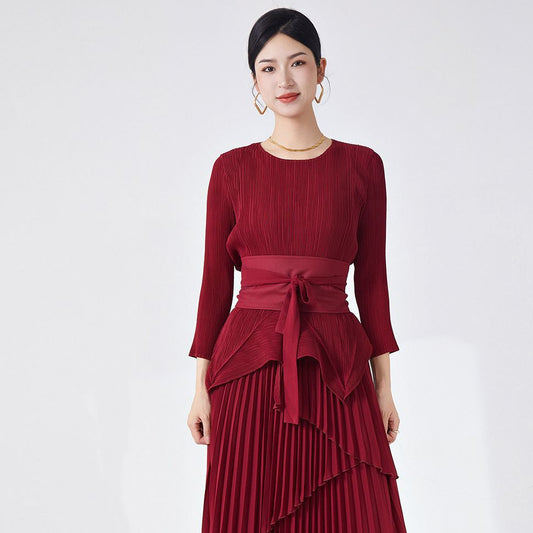 2025 Spring and summer new women's clothing long-sleeved T-shirt women's high-end pleated texture bottoming shirt versatile solid color textured top women