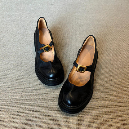 2025  British versatile platform round head small leather shoes women's retro light mouth one-word buckle thick heel Mary Jane shoes
