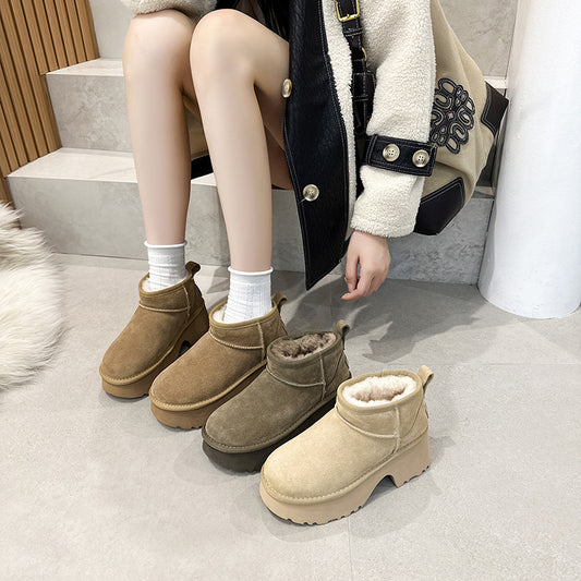 2025 popular autumn and winter new snow short boots women's high heel thick sole heightened thickened warm leather cotton boots