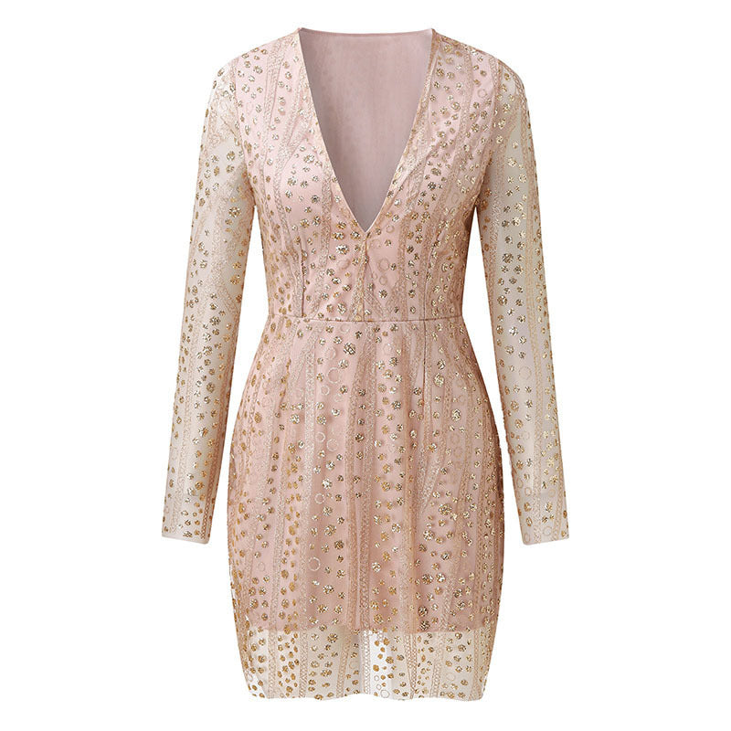 new New  women's ebay dress deep V perspective long-sleeved short dress sprinkled with gold dress