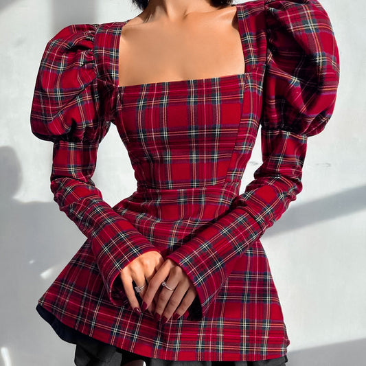 2025 Spring new plaid square neck bubble sleeve ruffle edge dress popular  fashion New wholesale short skirt women