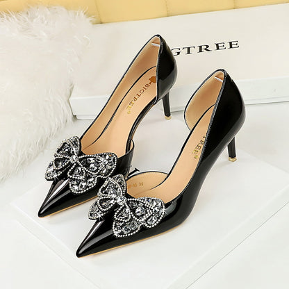 LOVECCR 2025 638-AH23  style banquet high heels thin heel shallow mouth pointed patent leather side hollow rhinestone bow single shoes