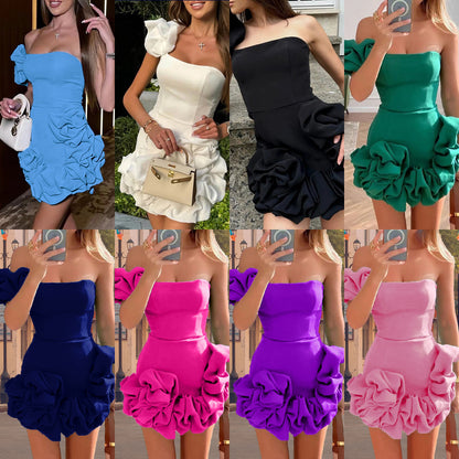 2025 25 Summer new New  women's clothing dress ruffle edge flower bud waist dress single shoulder tube top hip skirt