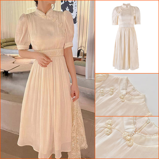 Retro niche design sense gentle wind white skirt medium and long waist improved version cheongsam dress women's summer