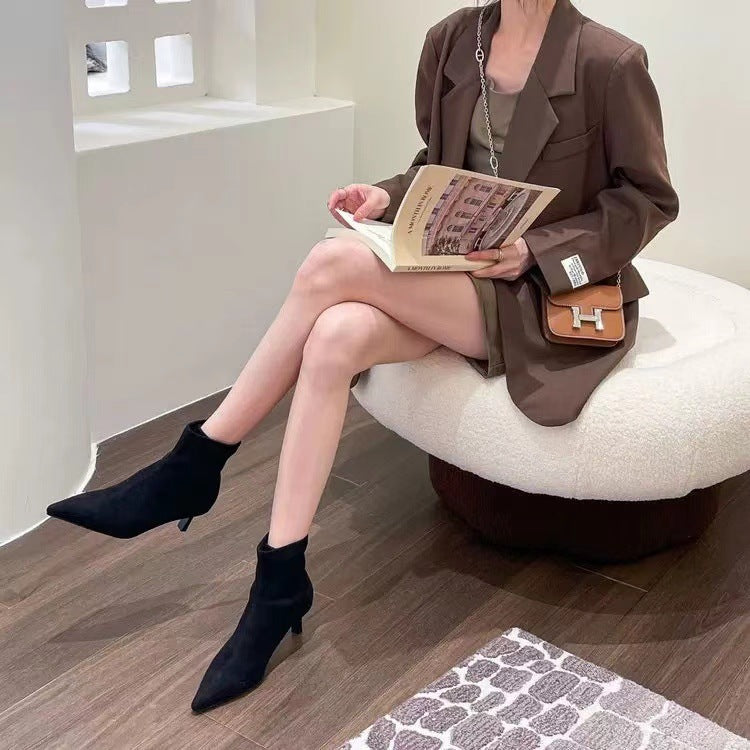 2025  high heels pointed elastic thin boots women autumn and winter cat heel popular super fire and ankle boots short boots