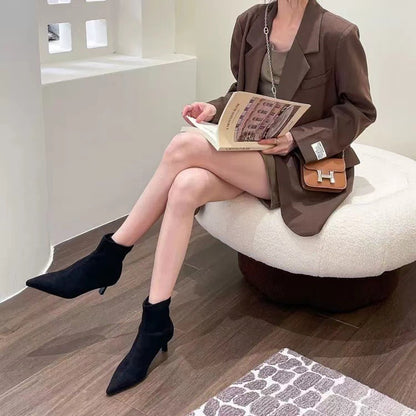 2025  high heels pointed elastic thin boots women autumn and winter cat heel popular super fire and ankle boots short boots