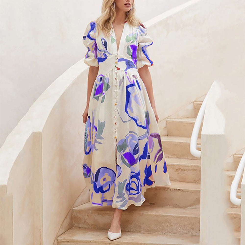2025 spring New new   women's beach dress slim-fitting pendulum four-sided elastic printing dress