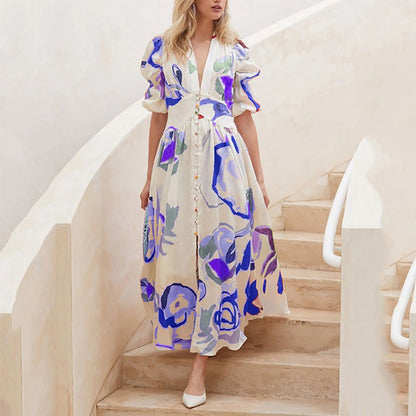 2025 spring New new   women's beach dress slim-fitting pendulum four-sided elastic printing dress