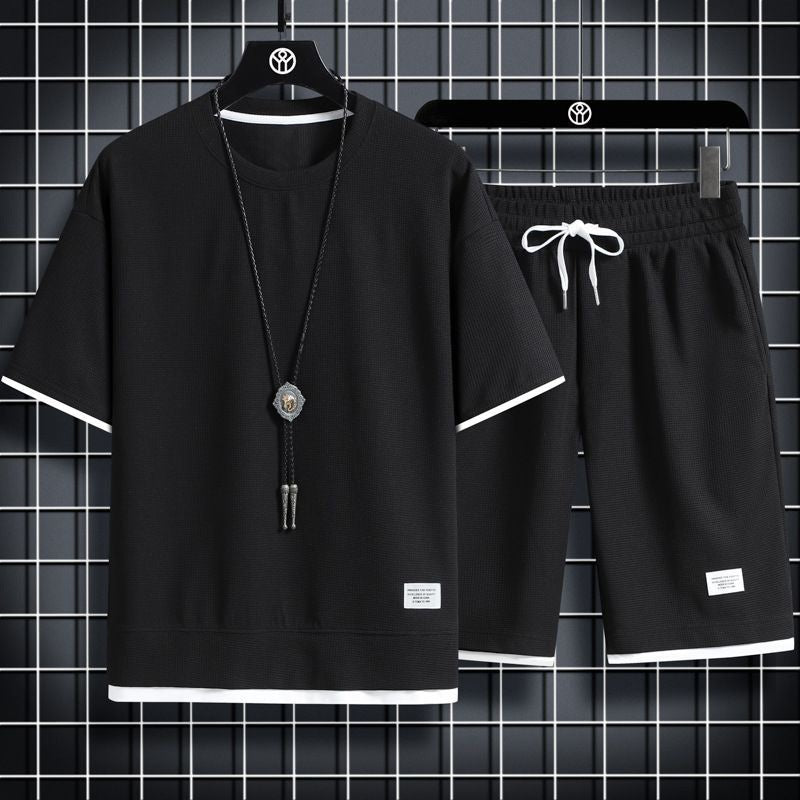 Shirt Less Clothing Waffle Sports Leisure Suit Men's in Stock Wholesale Hong Kong Style Loose False Two Pieces Short Sleeve Shorts