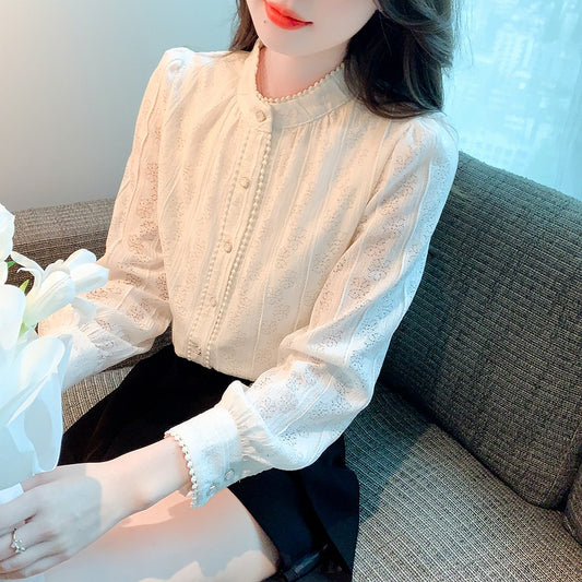 Winter new Korean version velvet thickened lace bottoming shirt stand-up neck bubble sleeve top temperament thin women's shirt