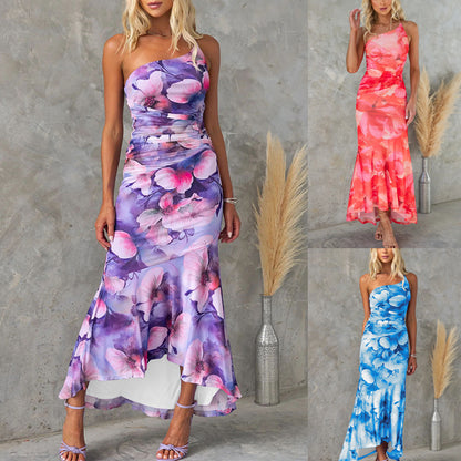 Cross-Border  European and American Spring and Summer New Oblique Shoulder Printing Elastic Lining Dress Ins Casual Dress Women