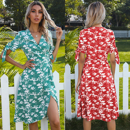 LOVECCR Summer new  floral dress temu   women's irregular bow short-sleeved dress women